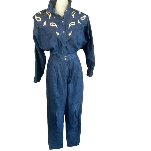 Vintage 80s Denim Jean Embellished Jumpsuit Size 12 - Picture 1 of 14